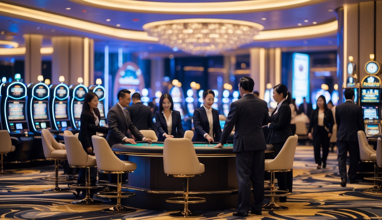 Suasana kasino modern di Macau dengan orang-orang bermain mesin slot dan meja kartu di ruangan yang mewah dan terang.