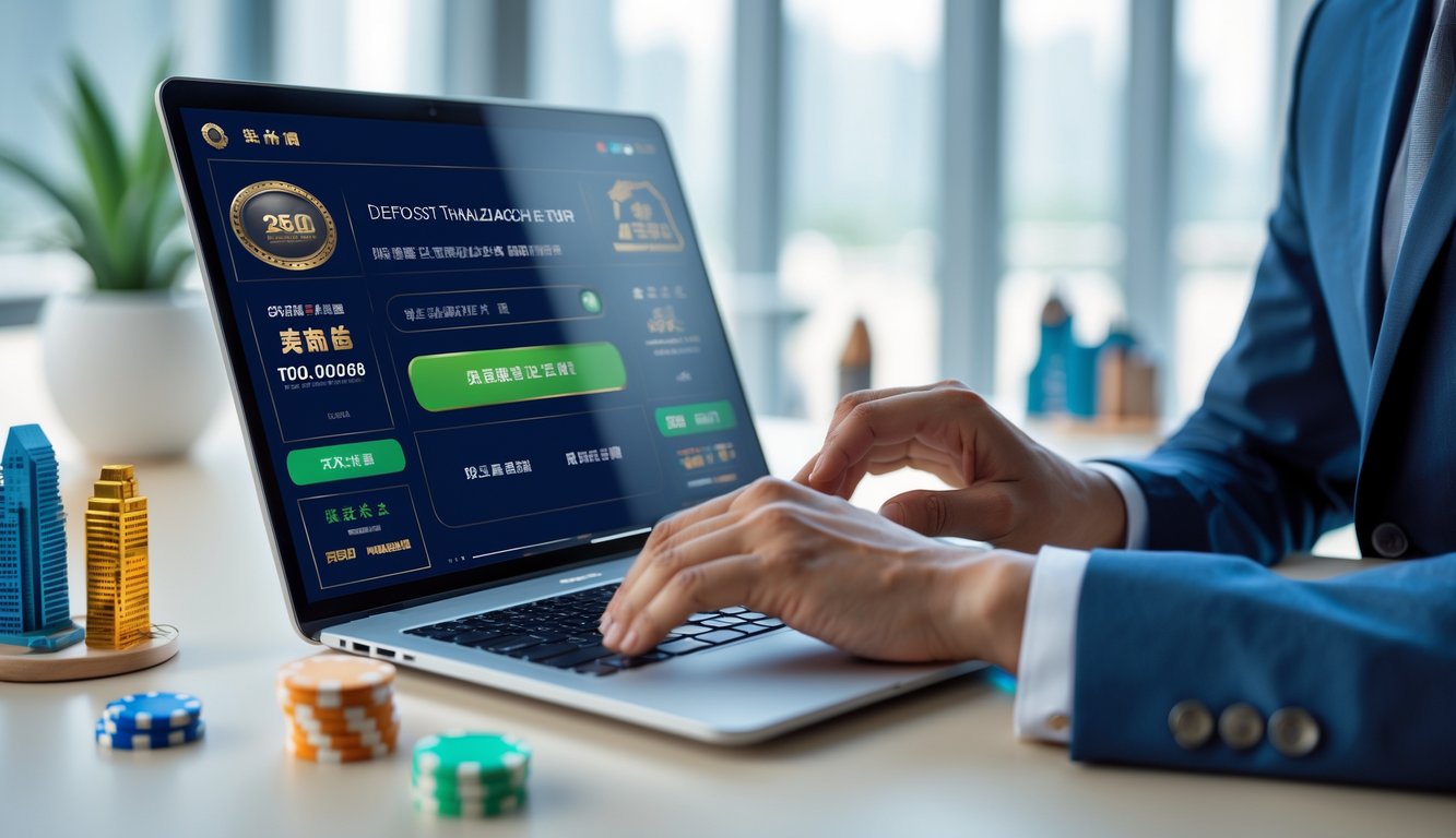 Seseorang menggunakan laptop di kantor dengan latar dekorasi bertema Macau, menunjukkan proses deposit cepat pada situs taruhan resmi.