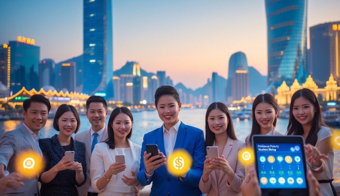 Pemandangan kota Macau dengan gedung pencakar langit dan orang-orang yang menggunakan perangkat digital, menunjukkan aktivitas pasar lotere resmi.