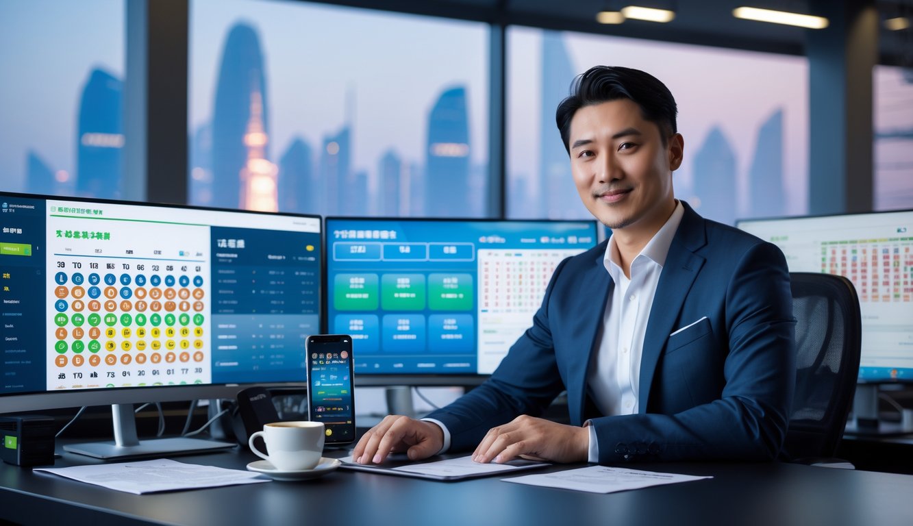 Seorang pria Asia duduk di meja kantor dengan beberapa monitor komputer menampilkan angka lotere dan grafik, latar belakang menunjukkan siluet kota Macau.