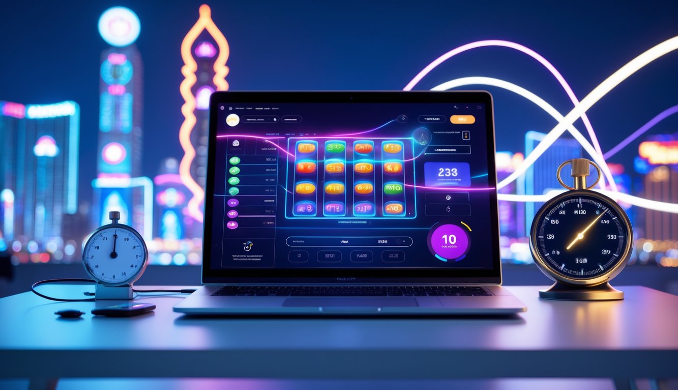 Seorang pengguna duduk di depan komputer dengan layar menampilkan antarmuka permainan lotre online, dengan latar belakang samar kota Macau dan lampu neon.