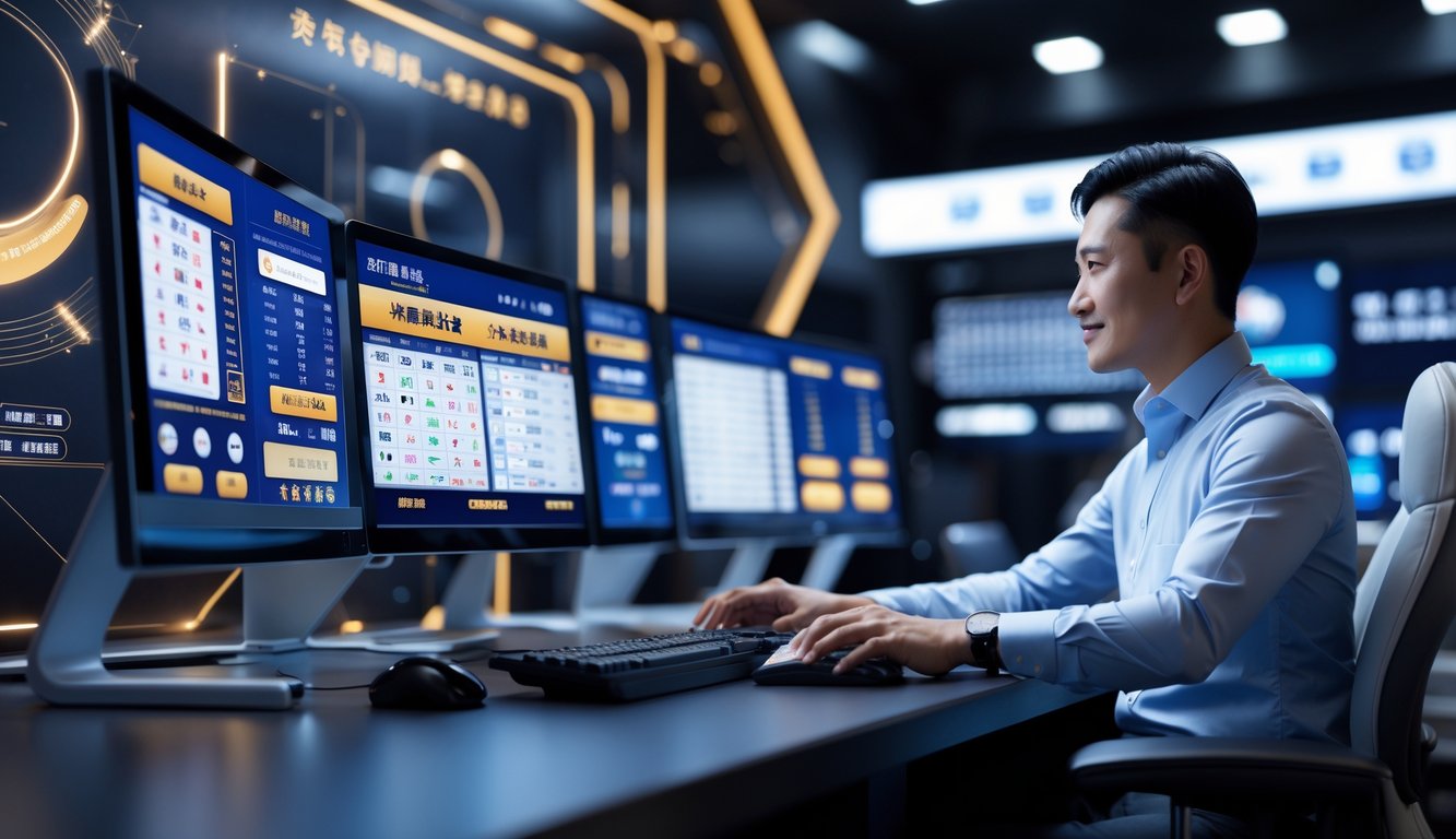 Seseorang yang mengenakan pakaian bisnis kasual sedang menggunakan komputer dengan beberapa layar yang menampilkan antarmuka taruhan dan hasil lotere, dalam suasana modern dan profesional.