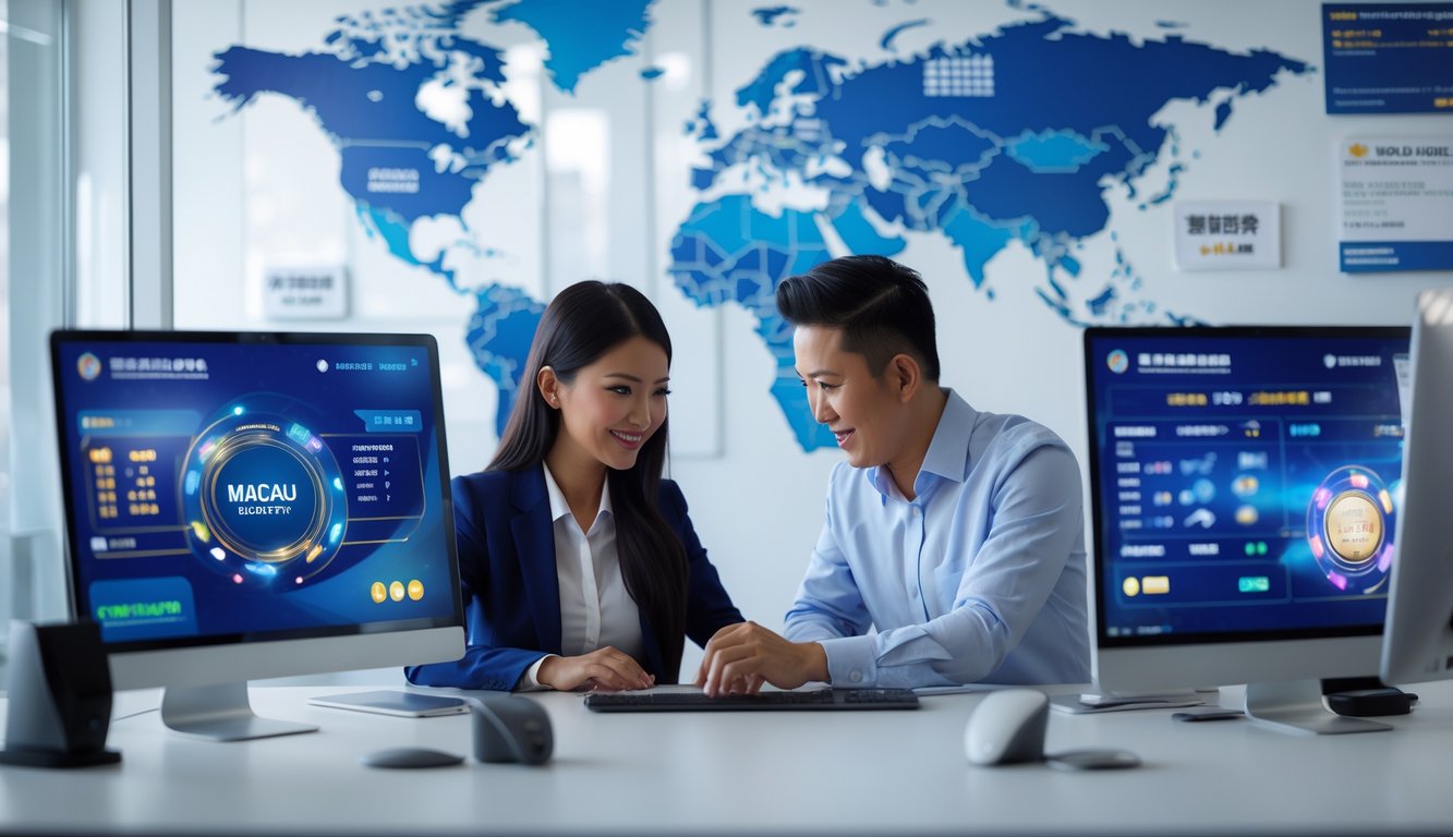 Seorang pria dan wanita Indonesia bekerja bersama di kantor modern dengan layar komputer yang menampilkan data terkait lotere, dengan peta dunia di latar belakang.