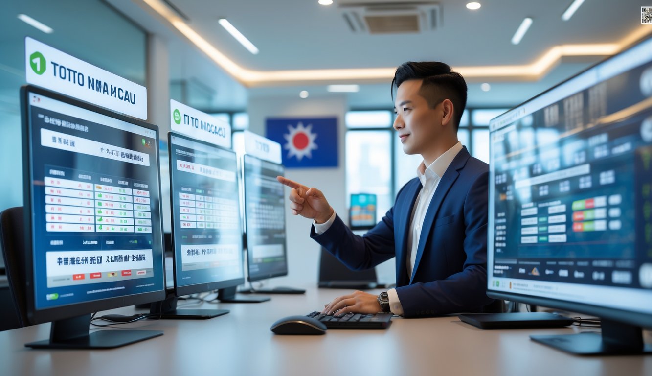 Seorang profesional di kantor modern sedang menggunakan layar digital yang menampilkan data taruhan, dengan suasana yang rapi dan profesional.