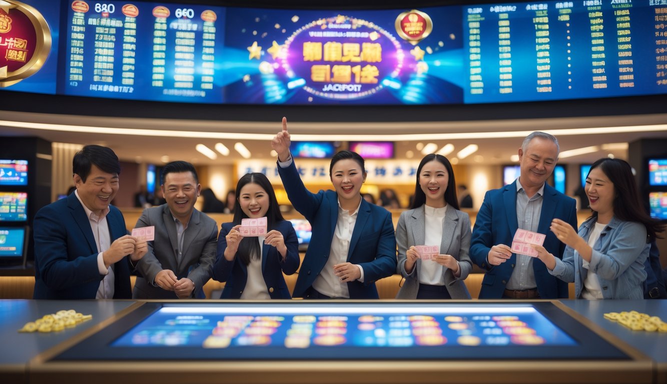 Orang-orang di pusat lotre modern yang ramai dengan layar digital dan suasana meriah.