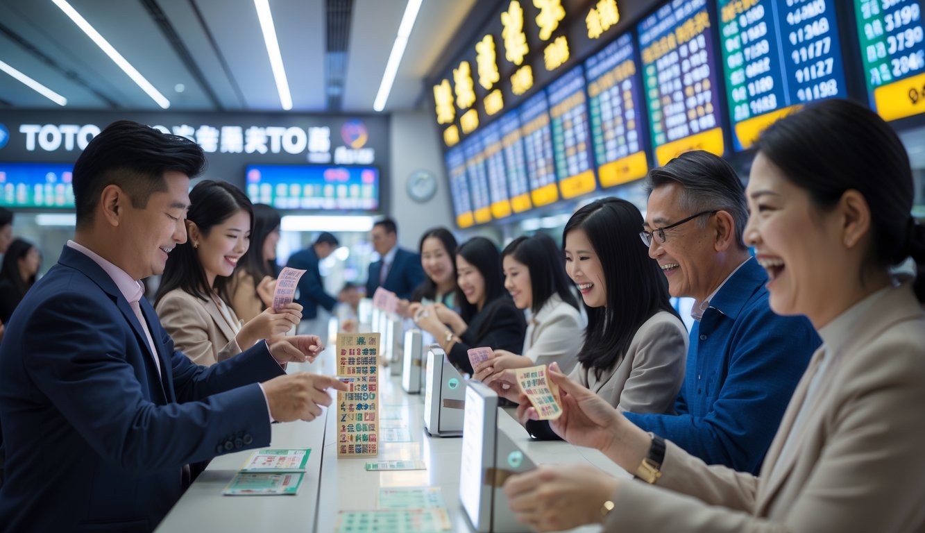 Orang-orang antusias di pusat taruhan togel dengan layar digital menampilkan angka dan jumlah jackpot besar, dengan latar belakang kota Macau.