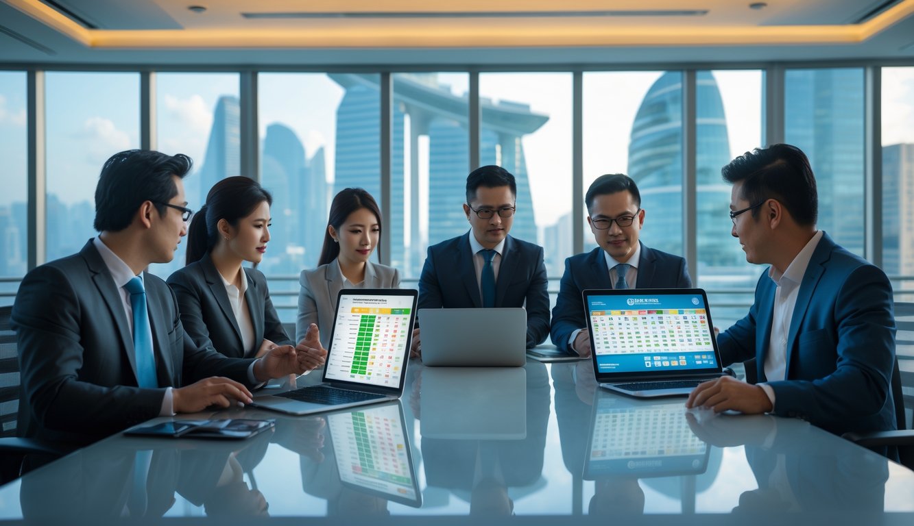Sekelompok profesional bekerja di kantor modern dengan pemandangan kota Macau di latar belakang.