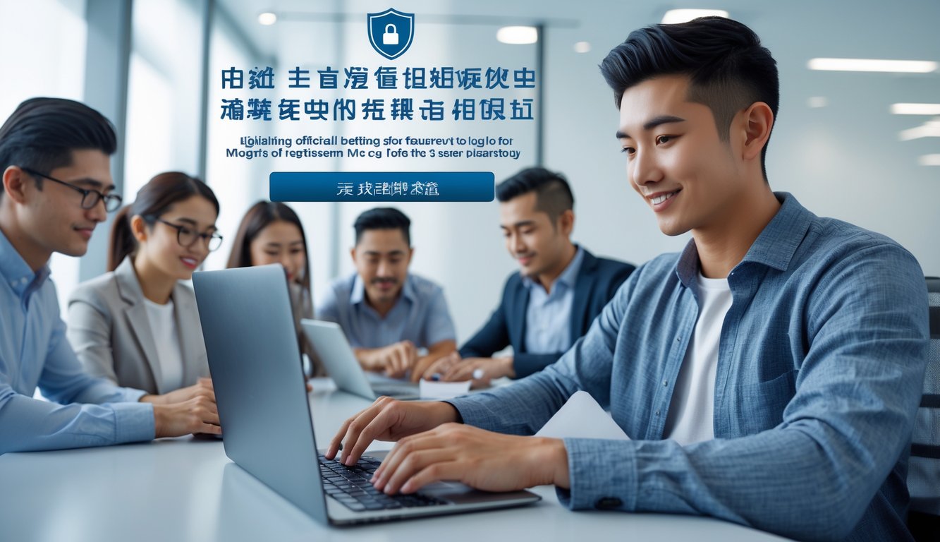 Seorang pria muda sedang menggunakan laptop di ruang kantor modern untuk mendaftar layanan taruhan resmi TOTO Macau.