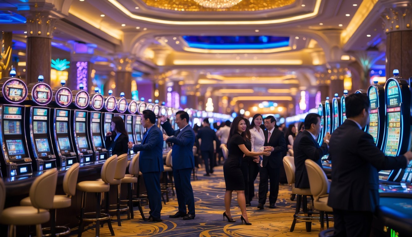 Suasana di dalam kasino mewah di Macau dengan pemain yang sedang bermain mesin slot dan meja judi, menampilkan suasana penuh semangat dan kemenangan.