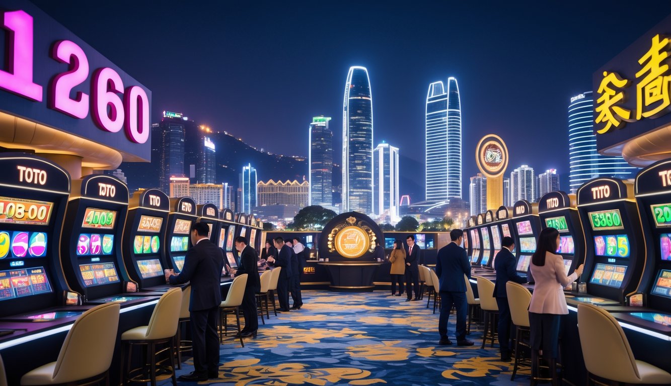 Suasana kasino mewah dengan mesin lotere digital dan orang-orang berpakaian rapi sedang bermain di meja permainan dengan latar kota Macau yang terang di malam hari.