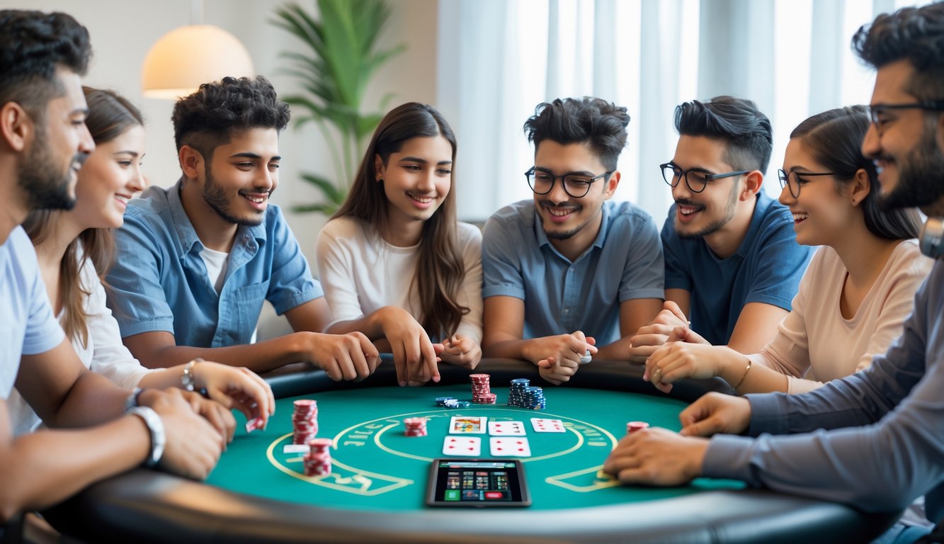 Sekelompok orang muda berkumpul di sekitar meja poker, bermain Capsa dengan fokus dan antusias dalam suasana yang cerah dan nyaman.
