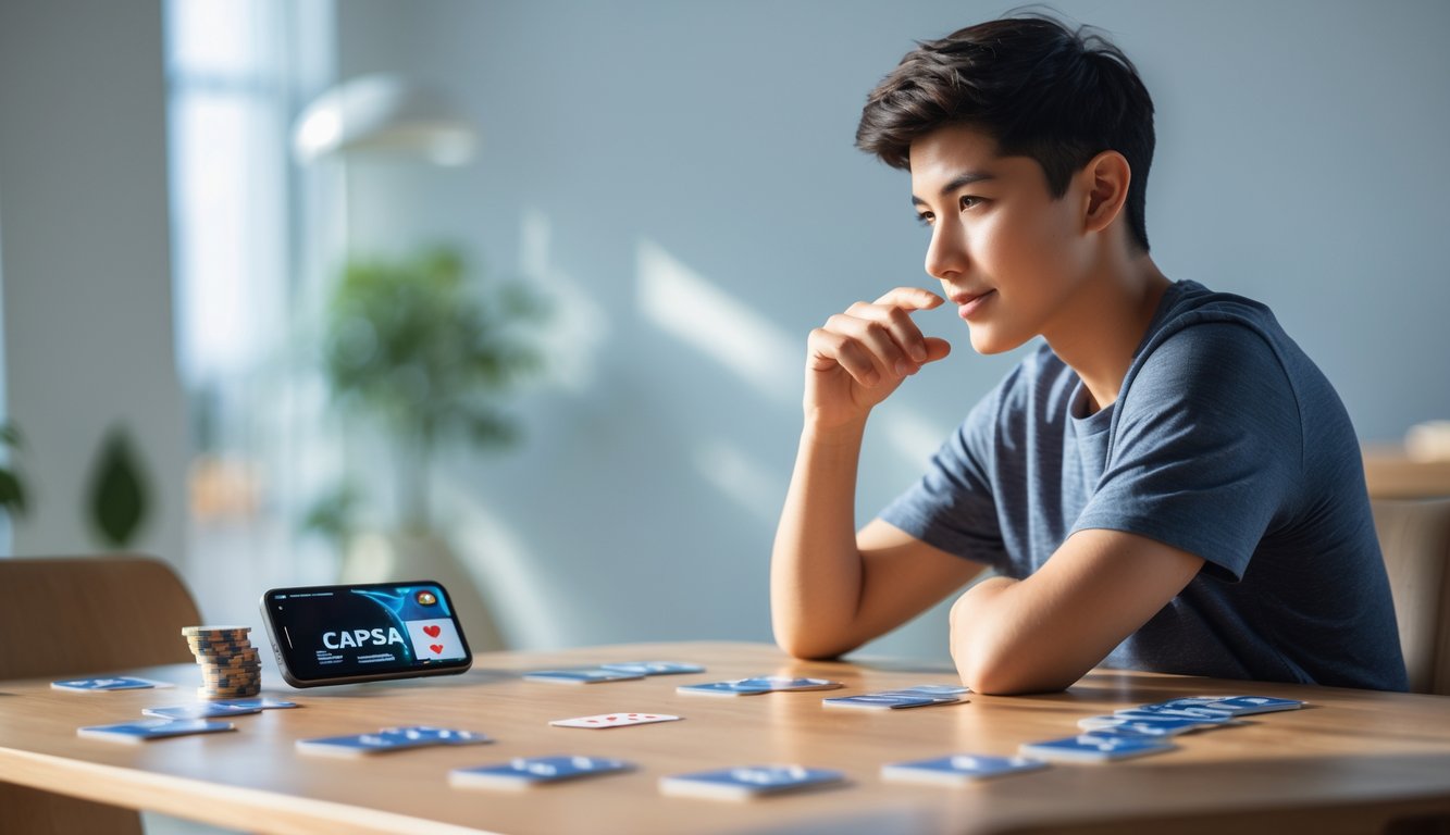Seorang pemuda duduk di meja dengan kartu Capsa dan chip, fokus bermain dan merencanakan strategi dalam suasana ruangan yang terang dan tenang.