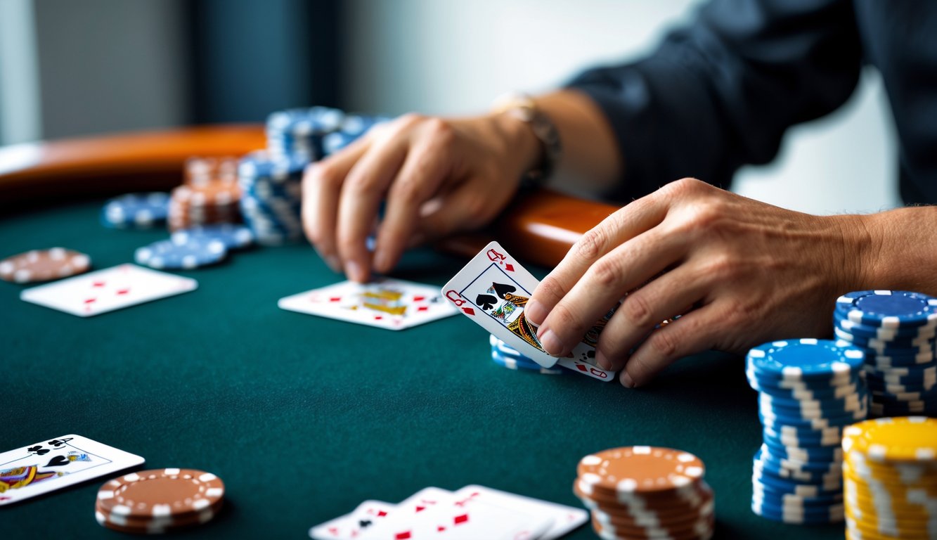 Tangan pemain sedang mengatur kartu Capsa di atas meja permainan dengan tumpukan chip di samping.