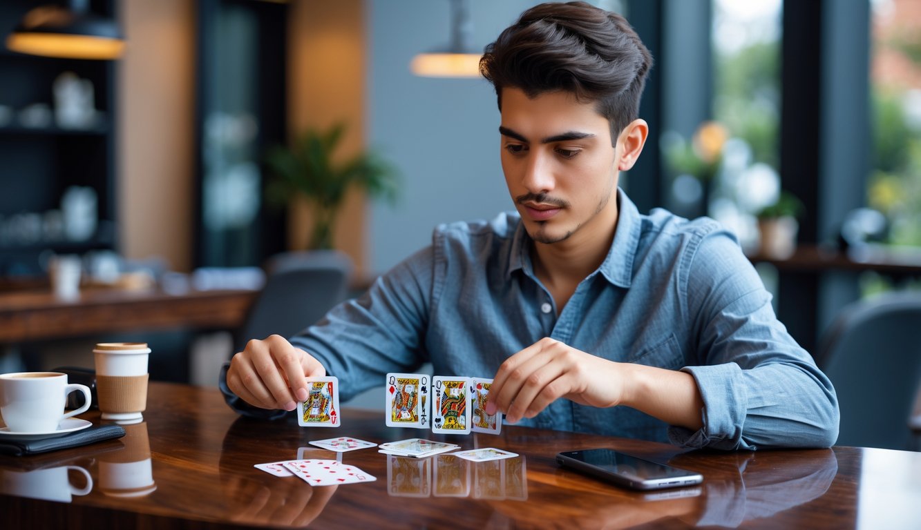 Seorang dewasa muda duduk di meja kayu bermain kartu Capsa dengan ekspresi fokus dan tenang.