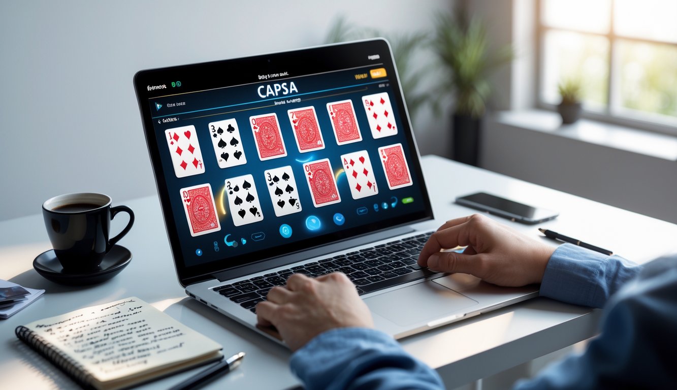 Meja kerja dengan laptop yang menampilkan permainan kartu online, notepad, pena, dan cangkir kopi di sekitarnya.
