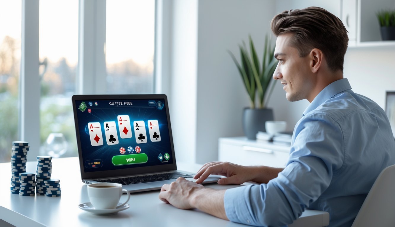 Seorang pria muda duduk di meja modern sambil bermain permainan kartu online di laptop dengan suasana ruangan yang terang dan rapi.