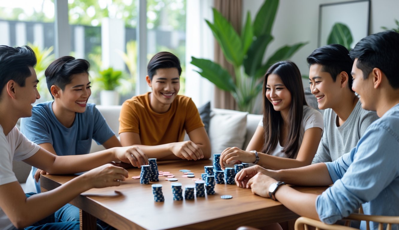 Sekelompok orang muda bermain kartu Capsa di meja kayu di ruang tamu yang terang dan nyaman.