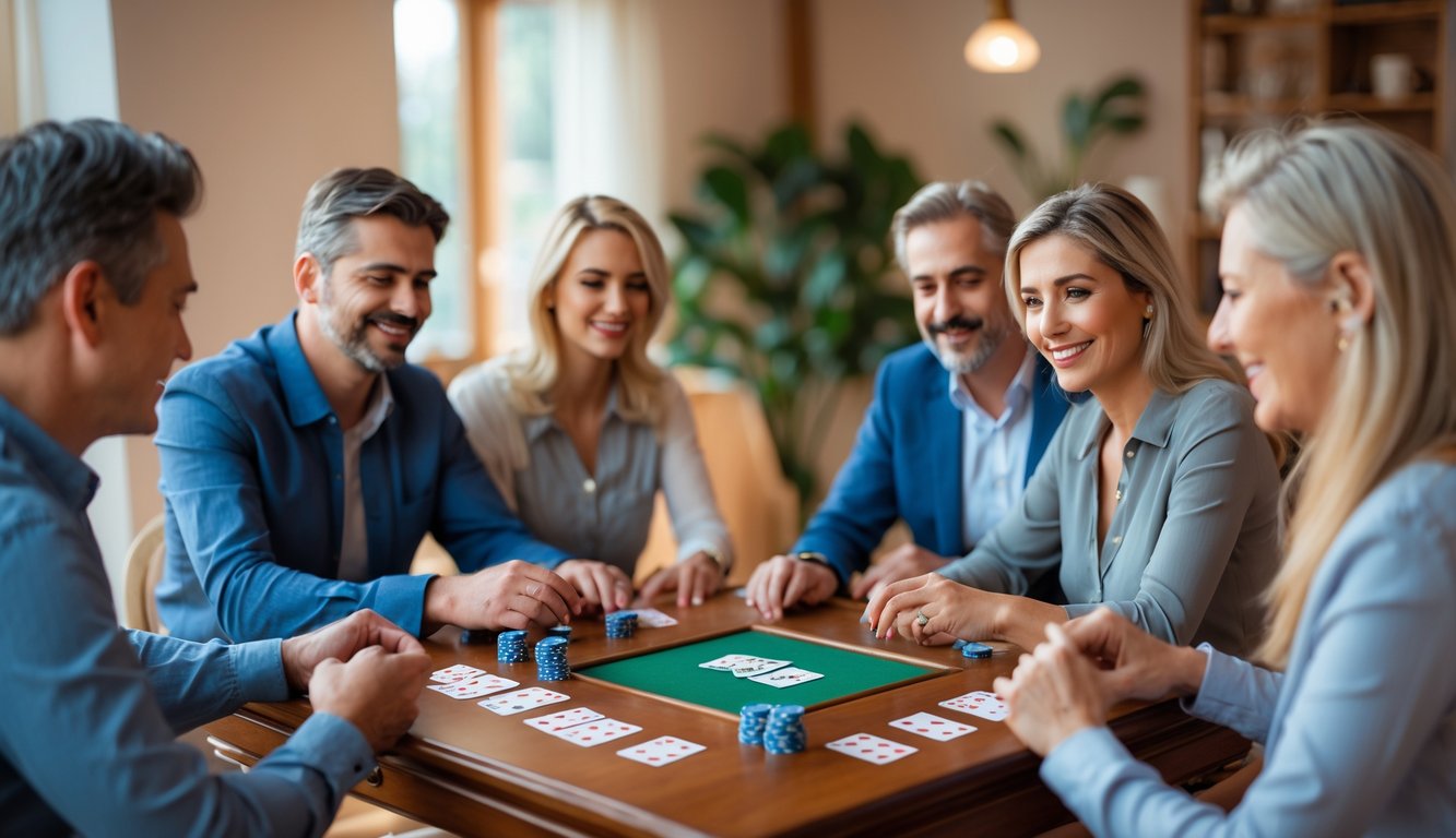 Beberapa orang bermain kartu Capsa di meja kayu dengan fokus dan suasana santai.