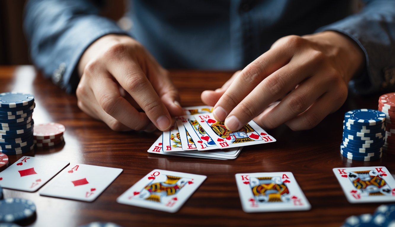 Tangan seseorang sedang memainkan kartu Judi Capsa di atas meja kayu dengan tumpukan chip permainan di dekatnya.