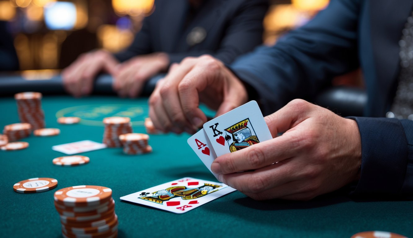 Tangan memegang kartu Capsa di atas meja judi dengan tumpukan chip di latar depan dan suasana kasino yang samar di belakang.