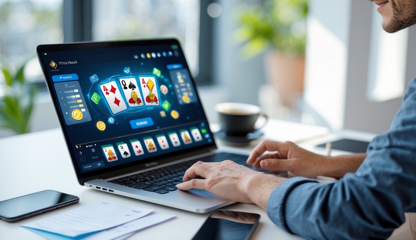 Seseorang duduk di meja kerja dengan laptop, fokus bermain permainan kartu online dengan suasana yang cerah dan rapi.
