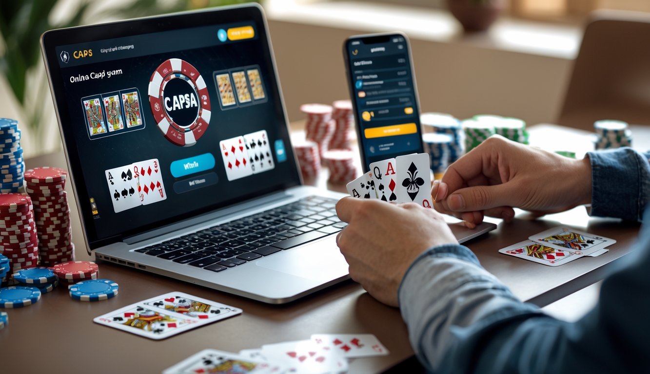 Seorang pemain sedang bermain Capsa online dengan laptop, kartu, dan chip di meja, menunjukkan suasana permainan yang fokus dan nyaman.