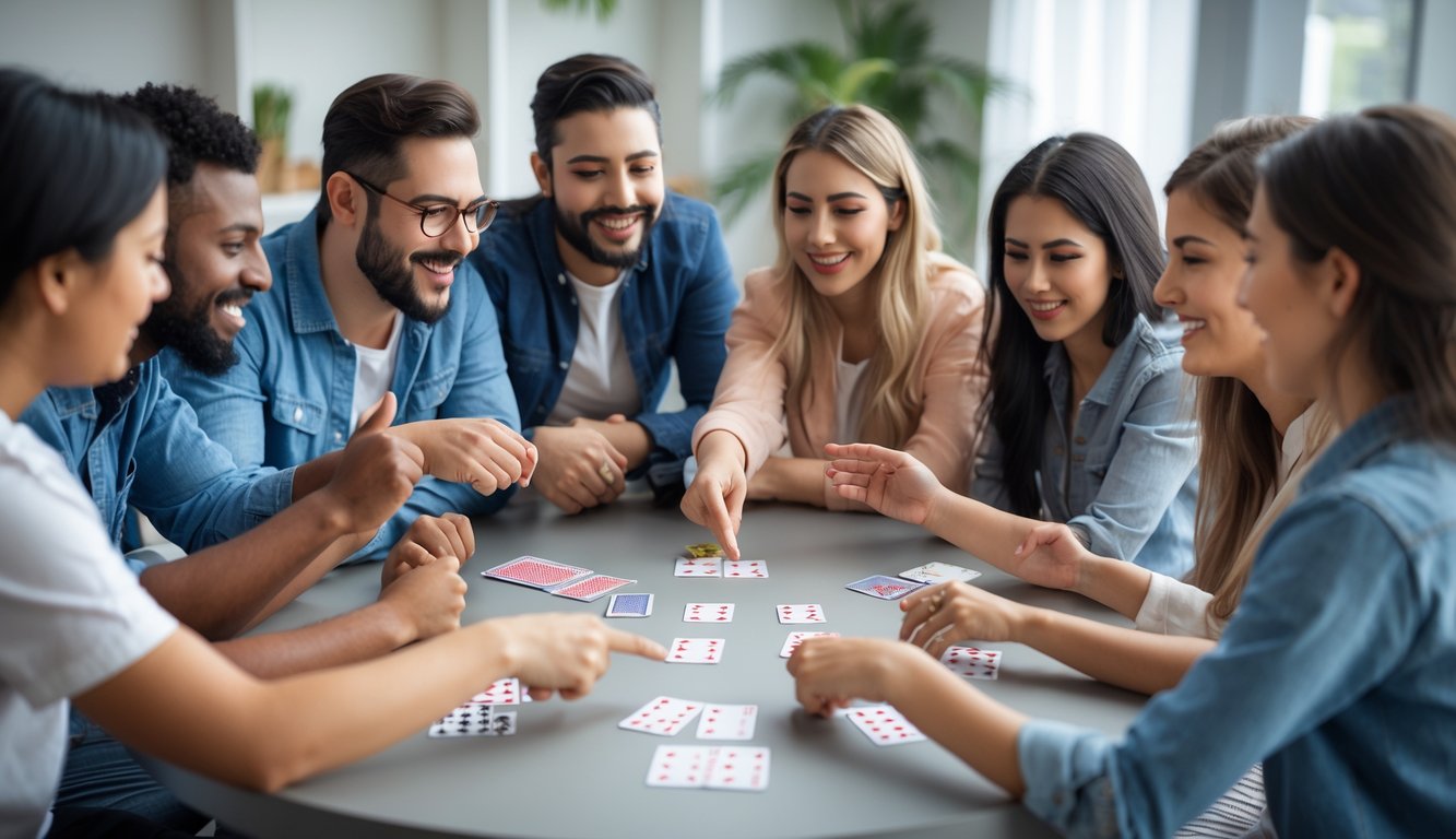 Sekelompok orang bermain kartu Capsa di meja, menunjukkan ekspresi fokus dan antusiasme dalam suasana kompetisi ramah.