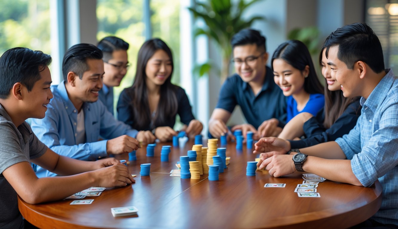 Sekelompok orang bermain permainan kartu Capsa bersama di meja kayu dengan suasana cerah dan fokus.