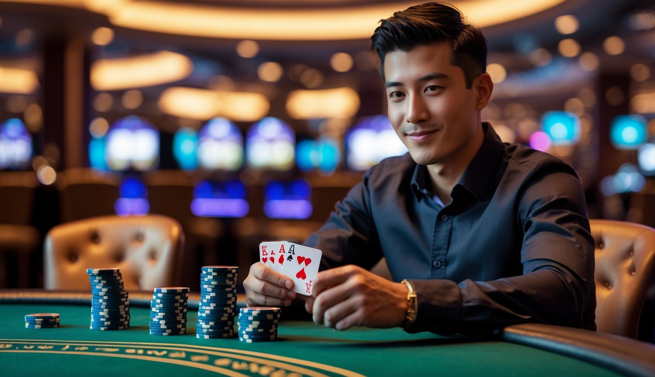 Seorang pemain poker pria yang percaya diri duduk di meja kasino dengan kartu menang di tangan dan tumpukan chip di depan.