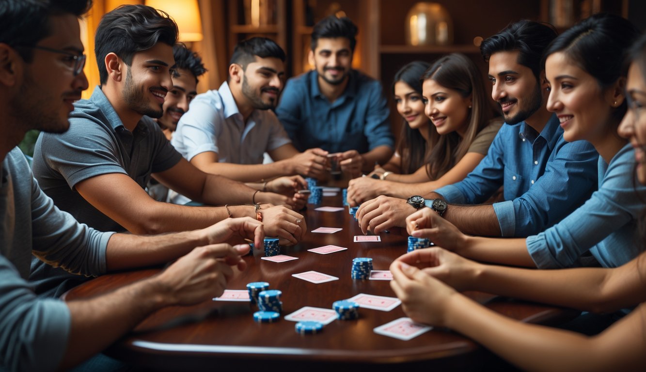 Beberapa orang muda duduk mengelilingi meja kayu bermain kartu Capsa dengan ekspresi fokus dan serius.