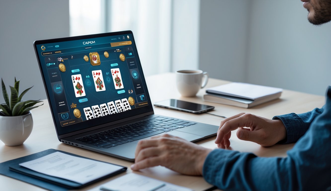 Seseorang duduk di depan laptop dengan tampilan permainan kartu online, dikelilingi oleh catatan dan kopi di ruang kerja yang terang dan rapi.