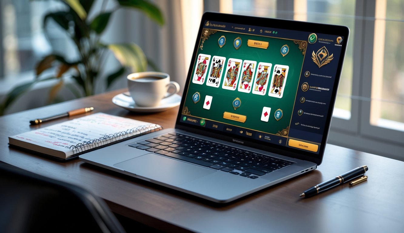 Seorang pria sedang duduk di depan laptop dengan tampilan permainan kartu Capsa online, di sampingnya ada buku catatan dan secangkir kopi di meja.