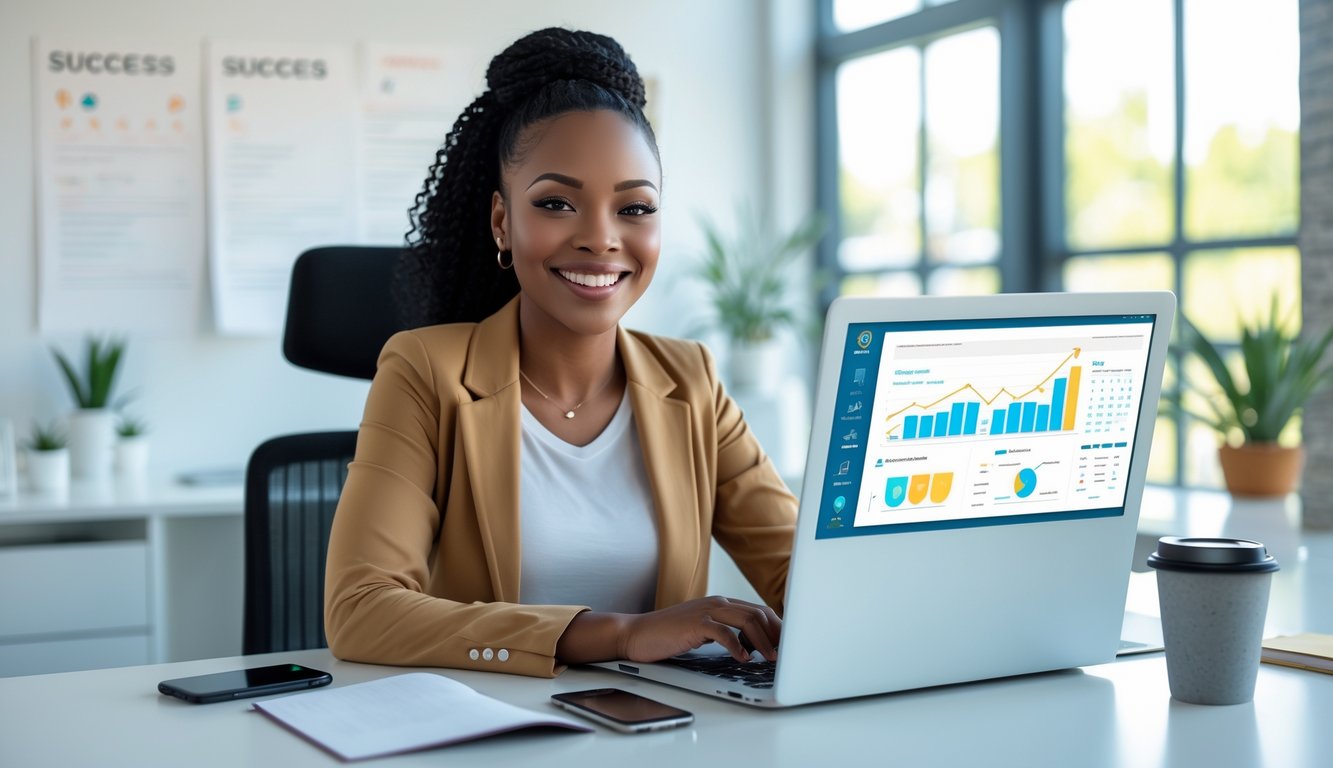 Seorang wanita muda duduk di meja kerja menggunakan laptop dengan senyum, di ruang kantor yang terang dan rapi.