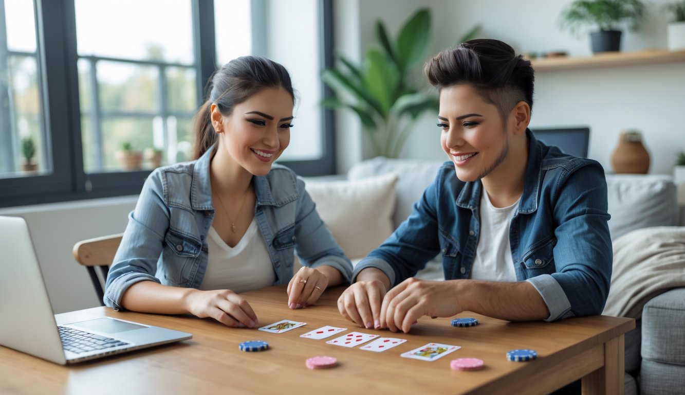 Dua orang bermain Capsa di meja kayu di ruang tamu yang terang dengan ekspresi fokus dan senang.