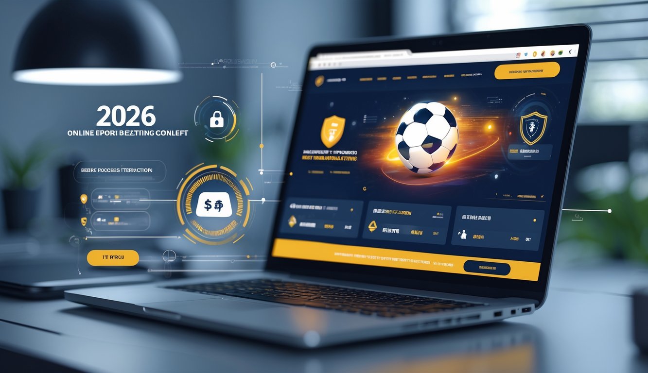 Seorang pengguna sedang menggunakan laptop di meja kerja dengan tampilan situs taruhan bola online yang modern dan aman.