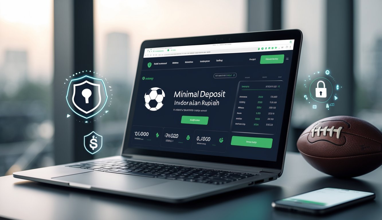 Seorang pengguna duduk di depan laptop yang menampilkan situs taruhan bola online dengan tema deposit minimal, dikelilingi simbol keamanan dan elemen sepak bola.