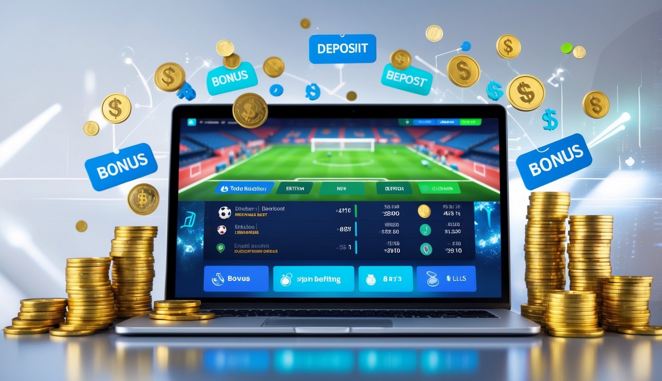 Seorang pria menggunakan laptop dengan tampilan situs taruhan bola online dan tumpukan uang di meja.