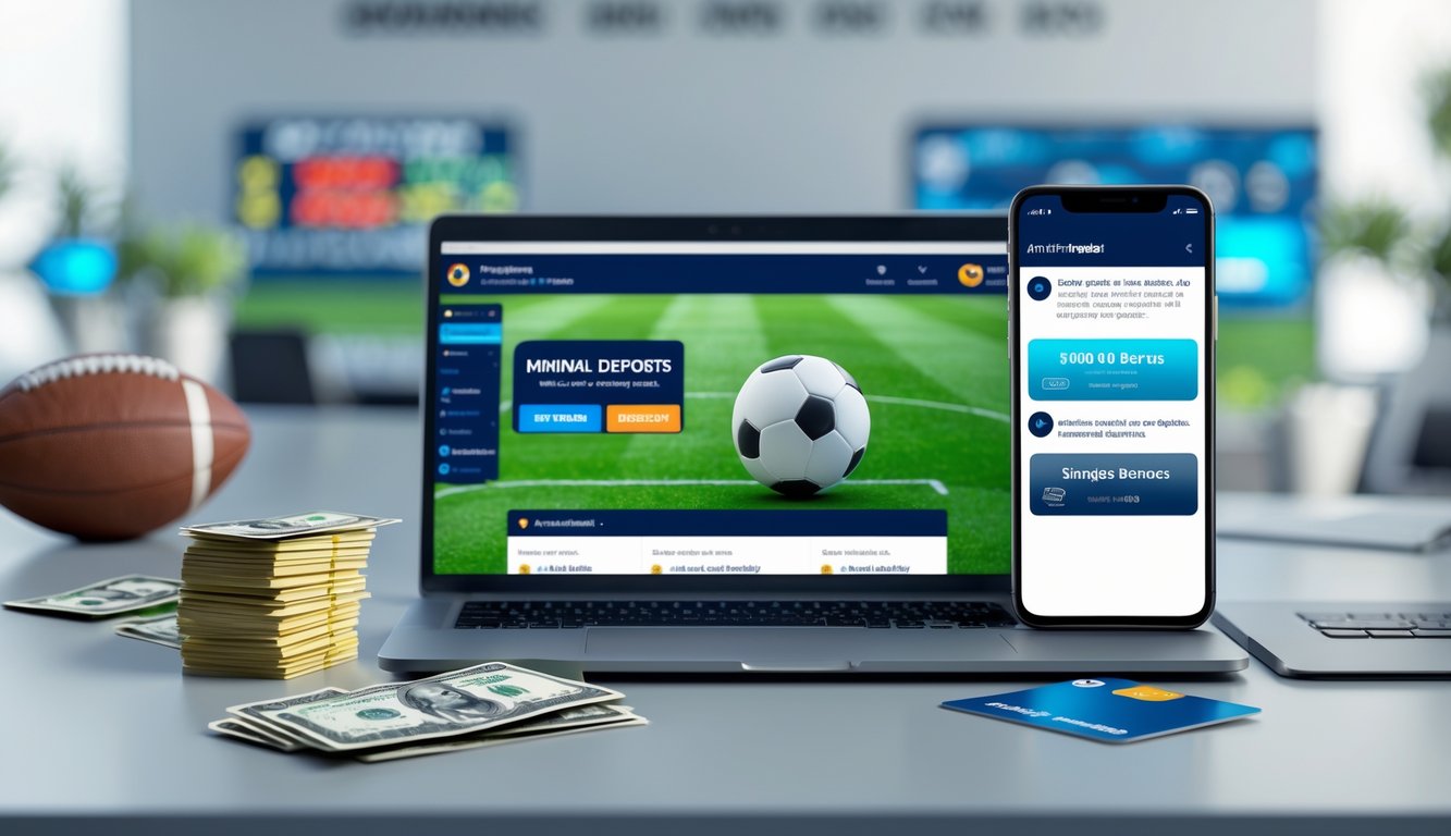 Meja kerja dengan laptop dan ponsel yang menampilkan situs taruhan bola online, uang rupiah, dan bola sepak di latar belakang.
