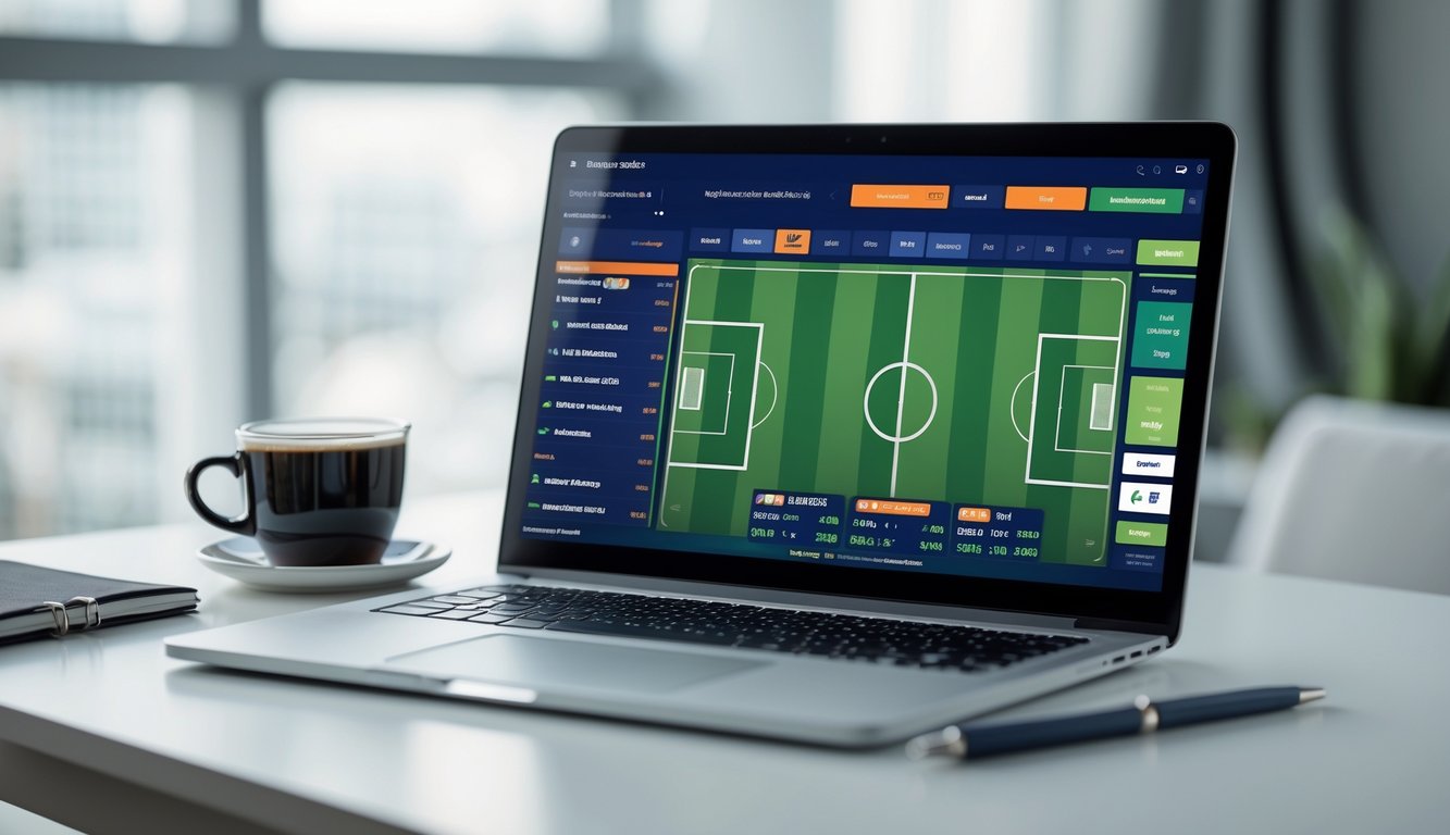 Seseorang menggunakan laptop atau ponsel untuk memasang taruhan sepak bola secara online dengan tampilan skor dan peluang taruhan langsung.
