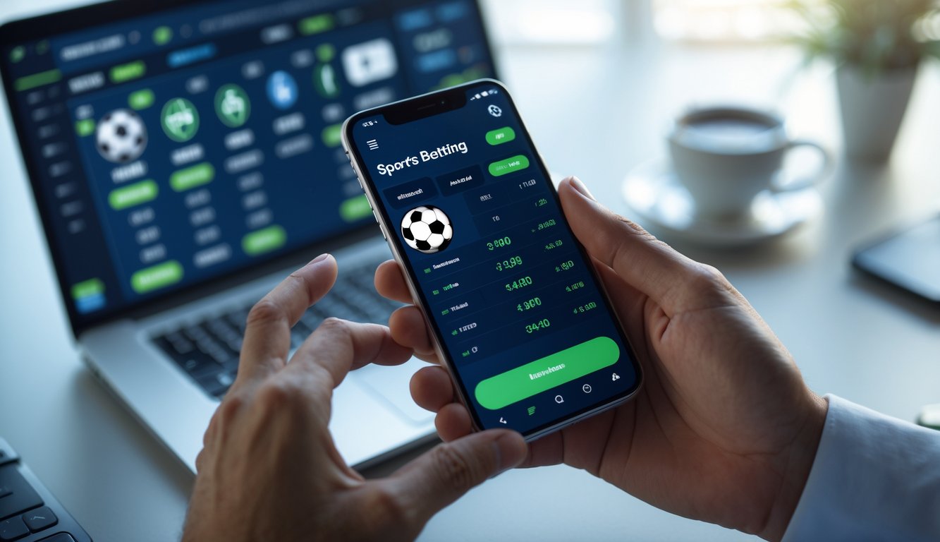 Seseorang menggunakan ponsel dengan aplikasi taruhan bola online di meja kerja yang rapi dan terang.