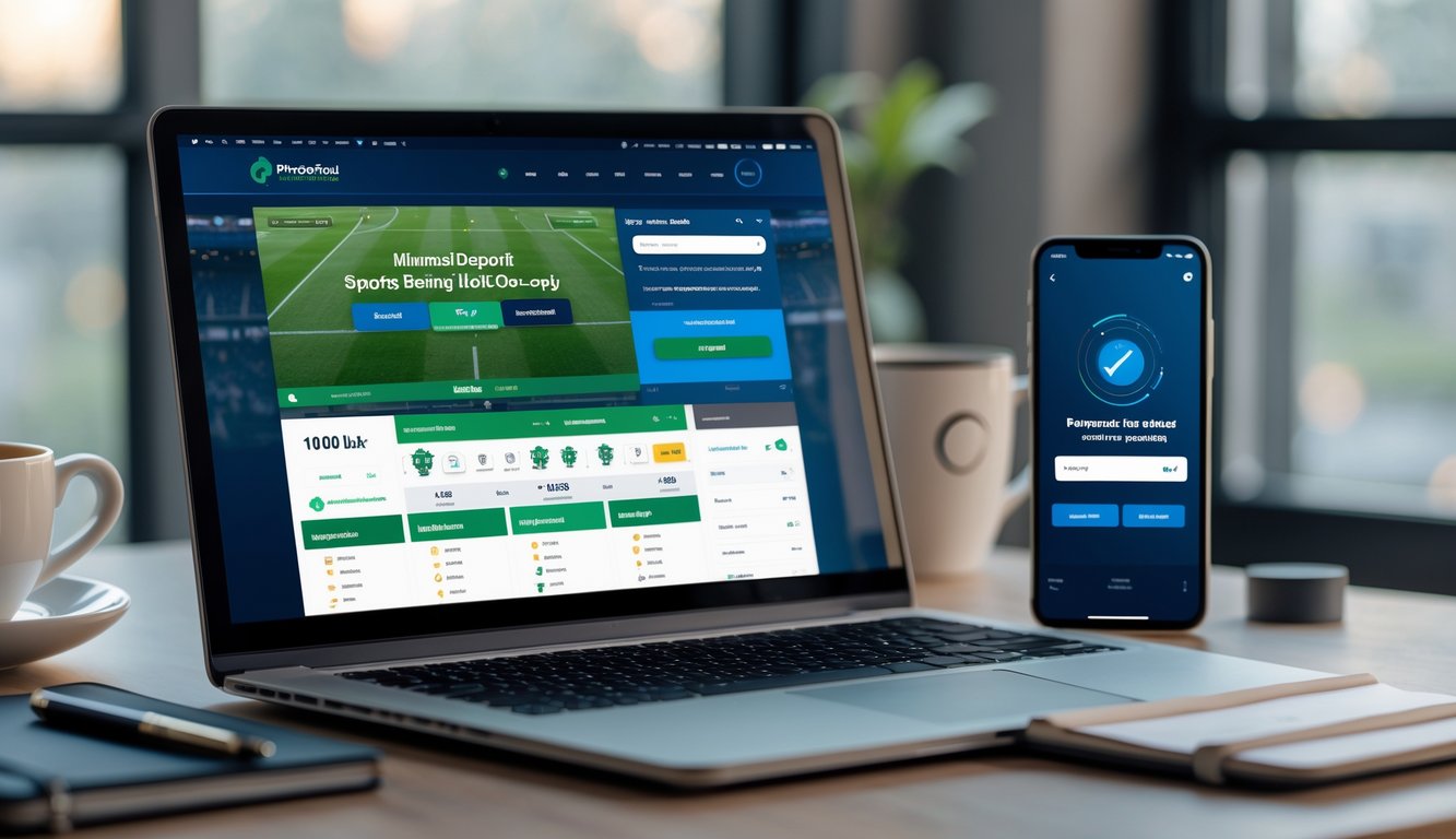 Seorang pengguna bekerja dengan laptop dan ponsel menampilkan situs taruhan bola online dengan suasana kerja yang nyaman dan terang.