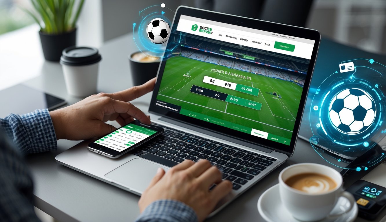 Seseorang menggunakan laptop untuk memasang taruhan bola online dengan tampilan situs taruhan sepak bola di layar.