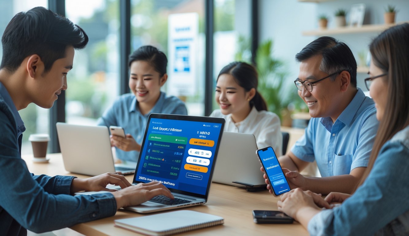 Beberapa orang menggunakan laptop dan ponsel untuk memasang taruhan bola online dengan deposit kecil di ruangan modern.