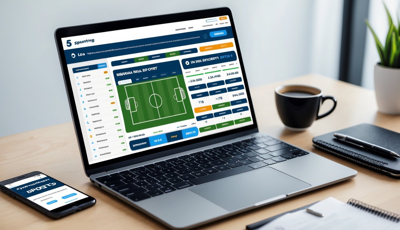 Sebuah ruang kerja modern dengan laptop yang menampilkan situs taruhan bola online, dilengkapi smartphone, kopi, dan buku catatan di atas meja.