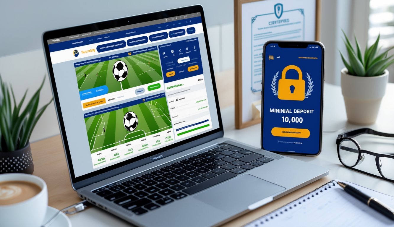 Seorang pengguna bekerja di depan laptop dan smartphone yang menampilkan situs taruhan bola online dengan deposit minimal, di meja terdapat kopi dan alat tulis.