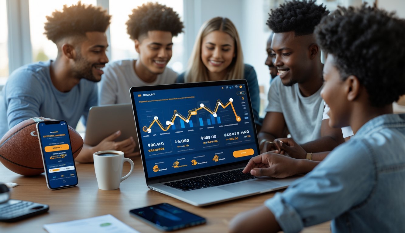 Sekelompok orang muda sedang menggunakan laptop di ruang kerja modern untuk memasang taruhan bola online dengan deposit kecil dan promosi menarik.
