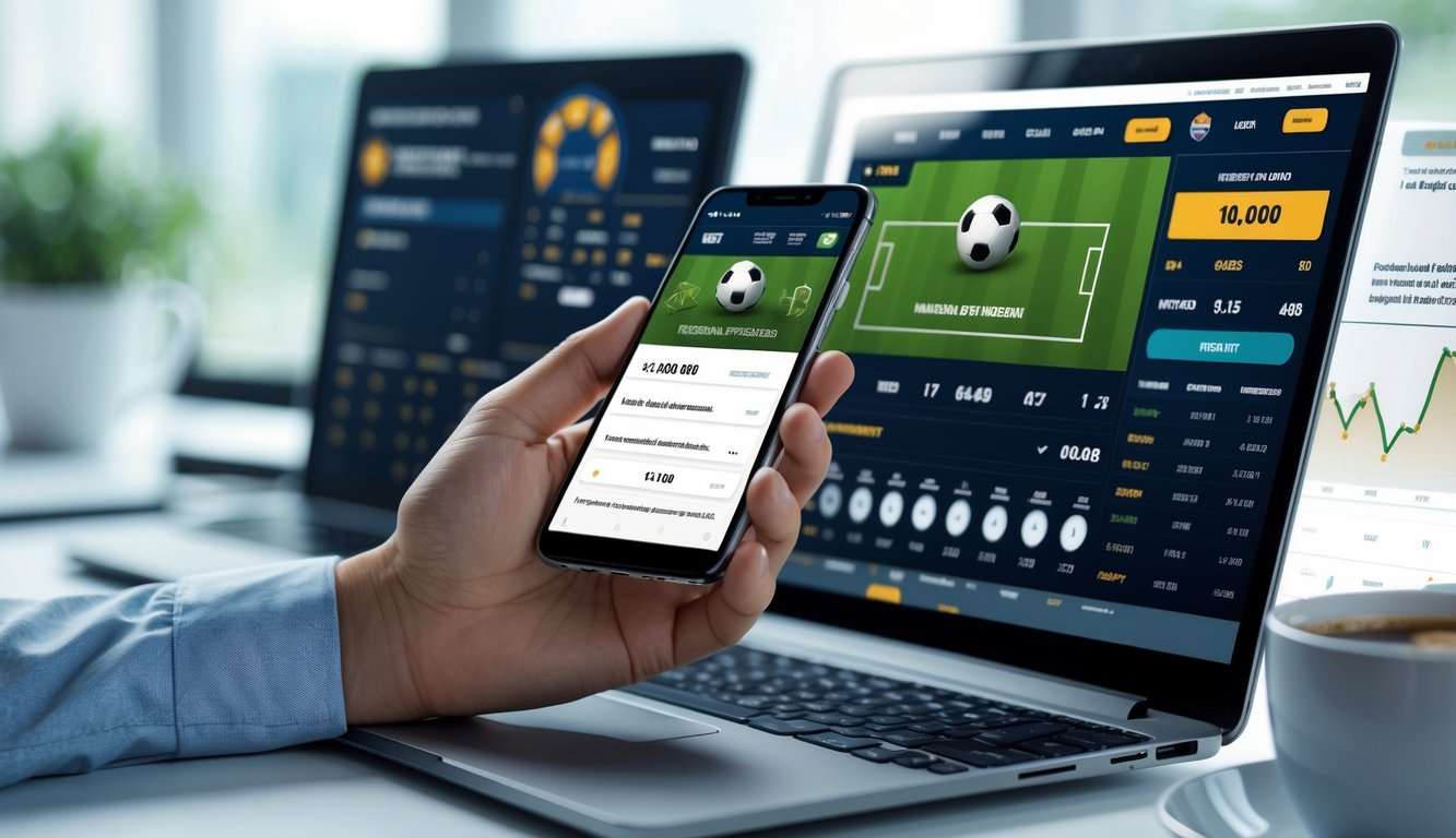 Seseorang menggunakan laptop dan ponsel di meja kerja dengan tampilan situs taruhan bola online dan transaksi deposit kecil.