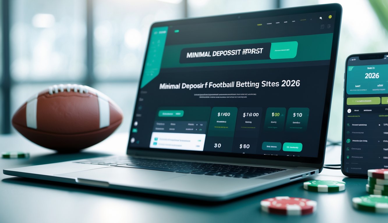 Seorang pria menggunakan laptop dan ponsel untuk memasang taruhan bola online dengan tampilan minimal deposit di meja kerja modern.