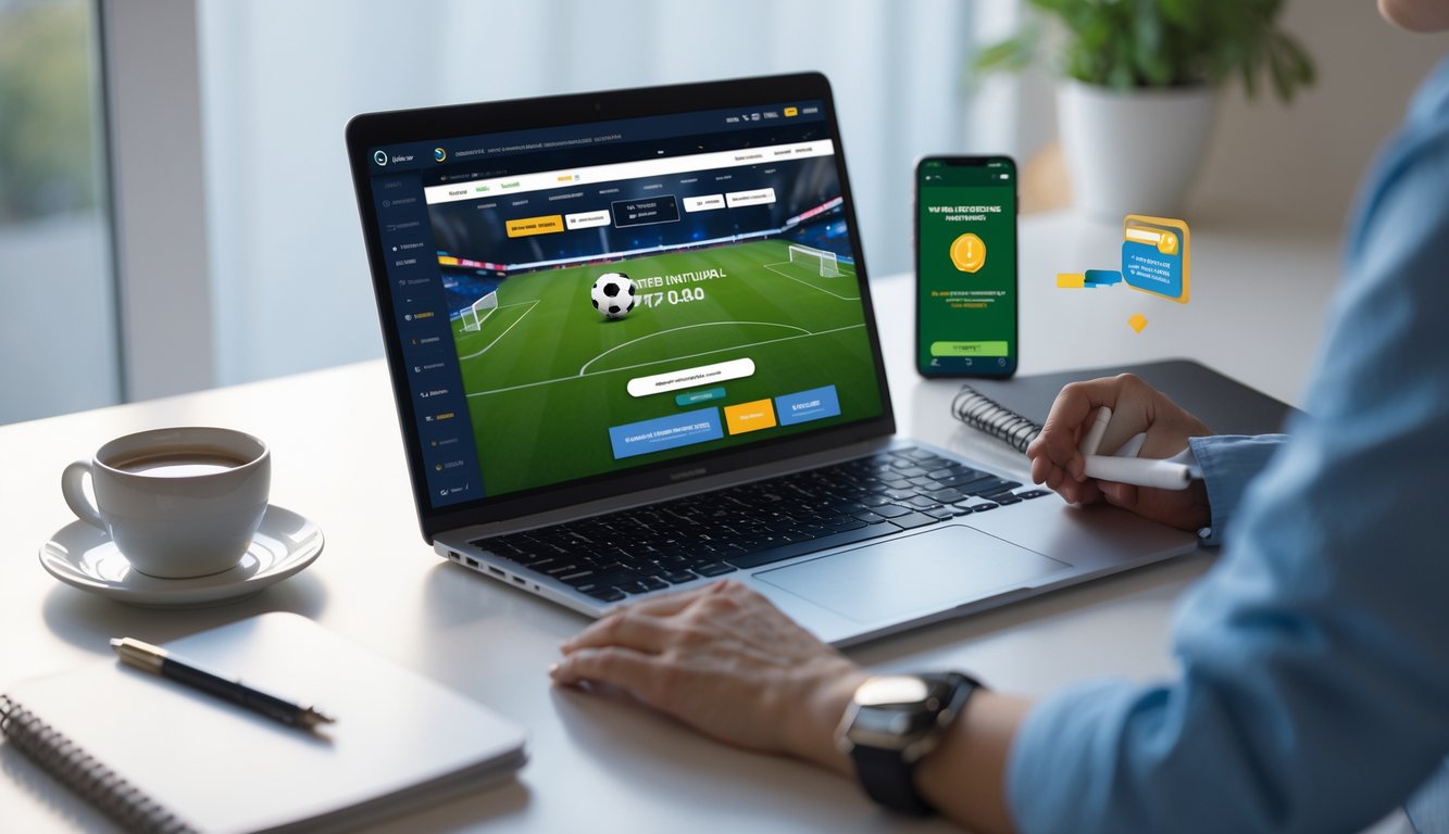 Seorang pria menggunakan laptop dan ponsel di meja kerja untuk memasang taruhan bola secara online dengan suasana yang nyaman.
