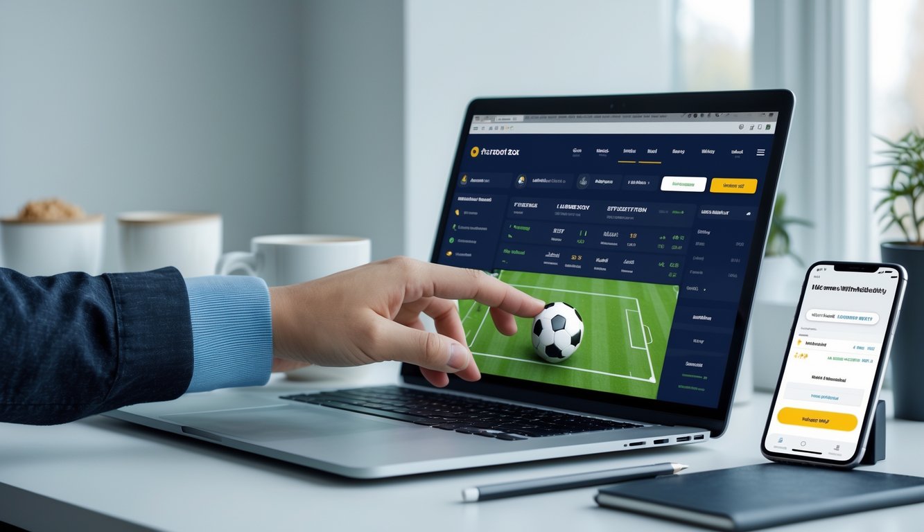 Seseorang menggunakan laptop dan smartphone untuk memasang taruhan bola online dengan suasana kerja yang rapi dan terang.